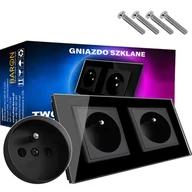 Gniazdka elektryczne - GNIAZDO GNIAZDKO ELEKTRYCZNE SZKLANE Z BOLCEM CZARNE PODWÓJNE SZKŁO - miniaturka - grafika 1