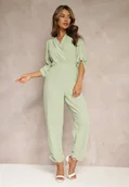 Kombinezony - Zielony Długi Kombinezon z Marszczeniem i Kopertowym Dekoltem Jonitta - miniaturka - grafika 1