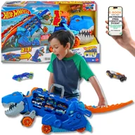 Samochody i pojazdy dla dzieci - MEGA Zestaw HOT WHEELS – T-Rex Transporter z Torami + 2 Autka – Dinozaur, Który Je Samochodziki i Robi SHOW Efekty LED + Dźwięki PREZENT DLA DZIECKA.. - miniaturka - grafika 1