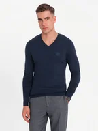 Swetry męskie - Męski elegancki sweter BASIC V-neck z wiskozą granatowy V2 OM-SWBS-0107 - Ombre Clothing - miniaturka - grafika 1