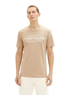 Koszulki męskie - TOM TAILOR Męski T-shirt z nadrukiem logo, 21849 – karmelowy beżowy, L - grafika 1