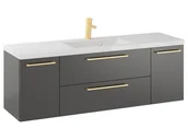 Szafki łazienkowe - Szafka Wisząca Z Umywalką RON 140 cm D - Titan Mat - Uchwyty Złote Szczotkowane - miniaturka - grafika 1