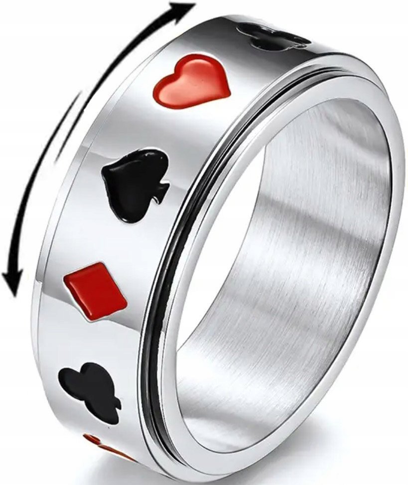 Srebrny Pierścień Antystresowy Karty do Gry Poker Anxiety Ring Obrotowy