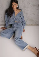 Spodnie damskie - Niebieskie Jeansy z Bawełną i Koronką przy Nogawkach Neathlin - miniaturka - grafika 1