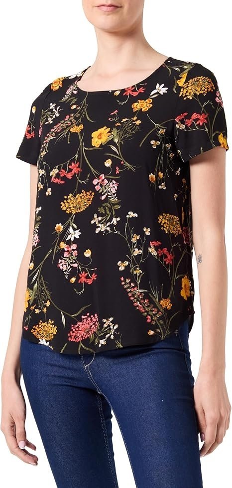 VERO MODA CZARNA BLUZKA W KWIATY Z KRÓTKIM RĘKAWEM M J9A