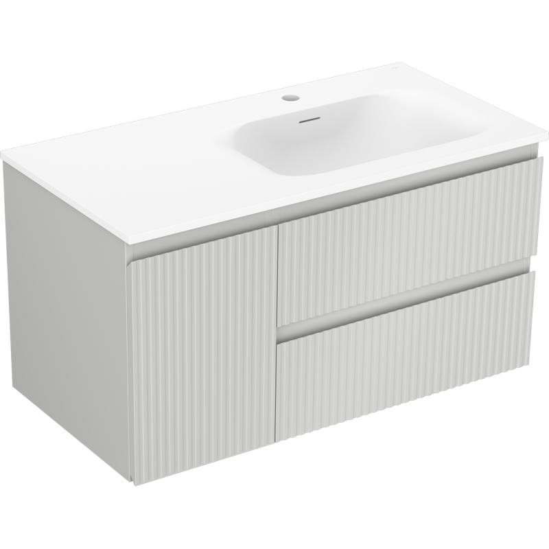 Mexen Rivel szafka łazienkowa 90 cm z umywalką Vela prawą, 2S, 1D, ryflowana, szara mat/biała mat - 91A23-09047-3-BBFFF62-W23P01