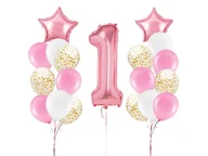 Balony i akcesoria - Zestaw balonów, Na roczek dla dziewczynki, różowy, 19 szt. [balon z helem] - miniaturka - grafika 1