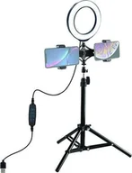 Wyposażenie ciemni fotograficznej - Lampa pierścieniowa Puluz LED žiedinė lempa 16cm, su trikoju stovu iki 70cm ir dvigubu telefono laikikliu, USB - miniaturka - grafika 1