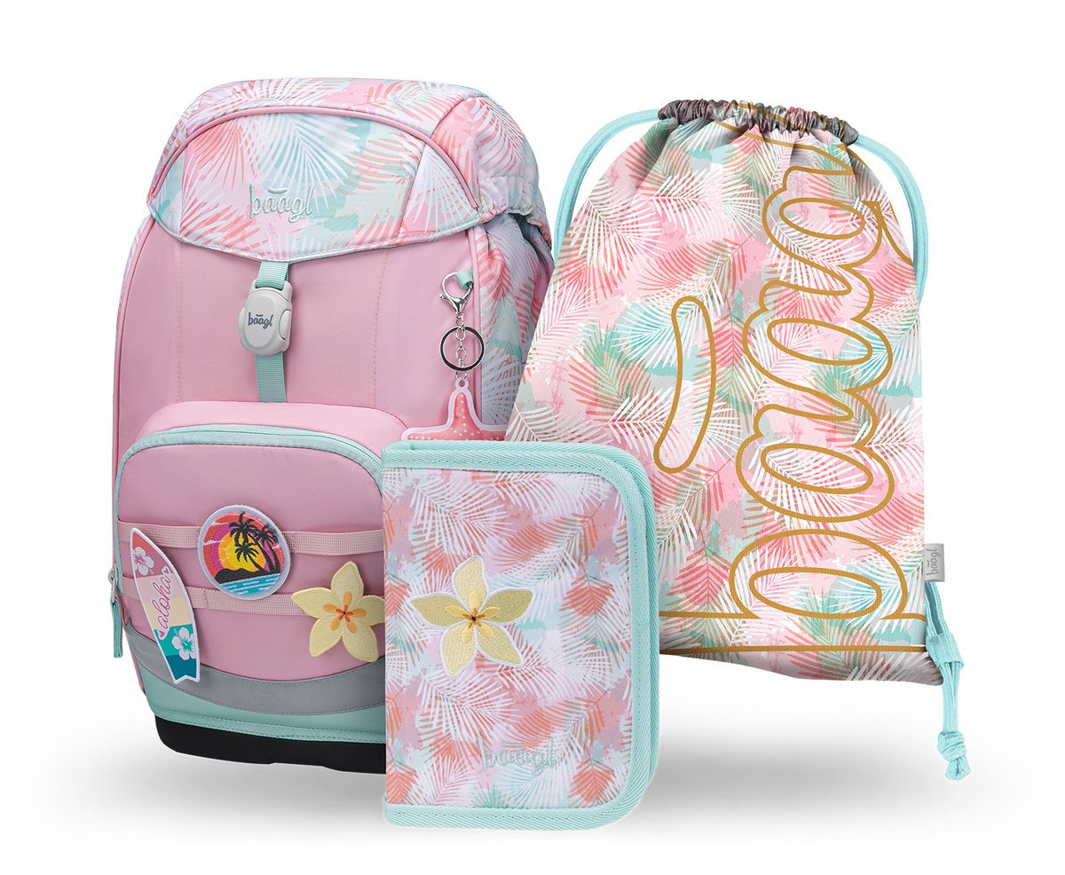 Zestaw Szkolny 3w1 BAAGL Tornister szkolny Airy Plus Sunset Ergonomiczny 25L 29x43x20 cm Różowy dla dziewczynki + Piórnik, Worek na buty