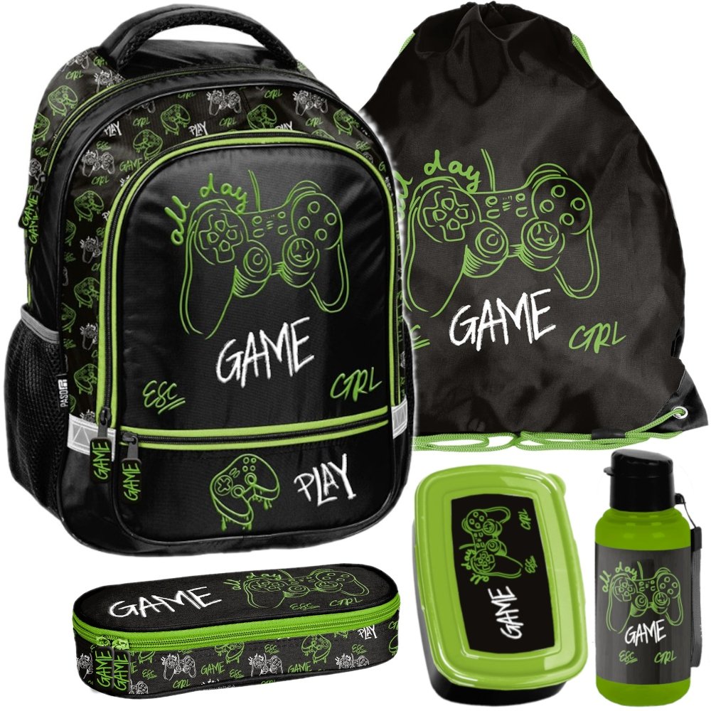 Plecak szkolny dla chłopca tornister Game czarny zielony Zestaw do szkoły
