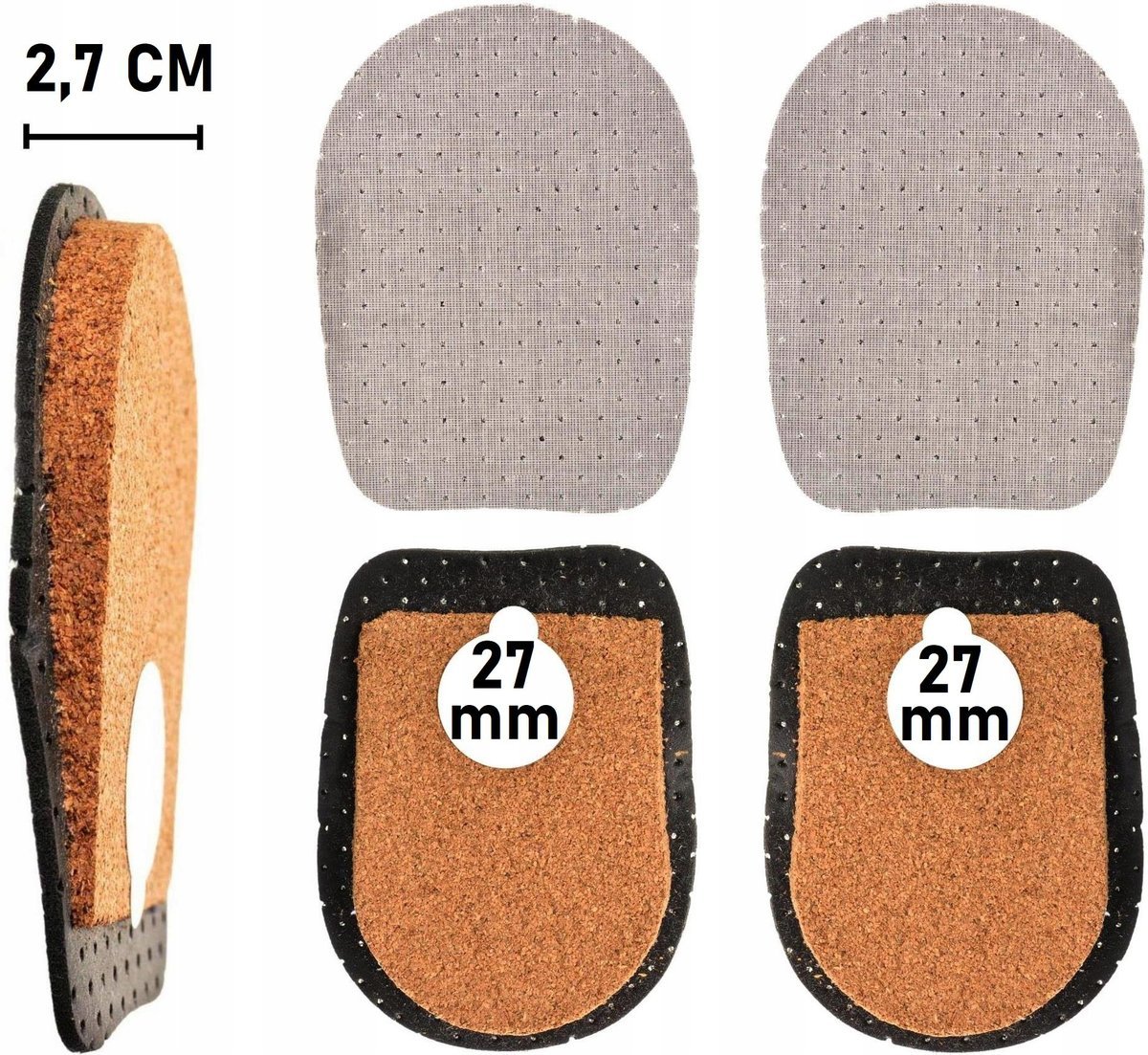 Męskie 41-46 Podpiętki KORKOWE 27 mm KLINY pod pięty Wkładki PODWYŻSZAJĄCE 2,7 cm