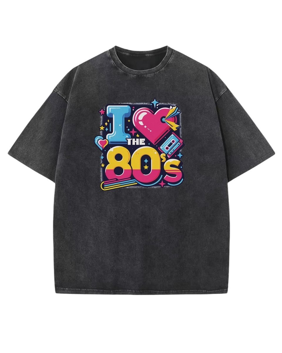 Męska koszulka oversize efekt sprania z napisem Kocham Lata 80 Czarna L