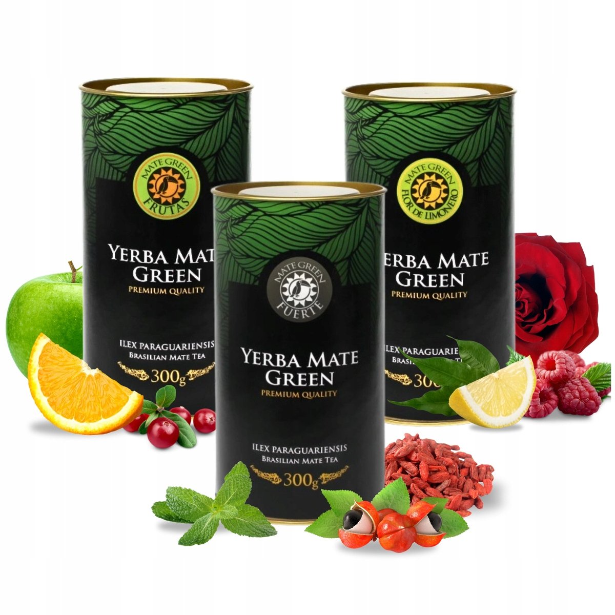 Zestaw Premium Yerba Mate Green Fuerte Frutas Flor de Limonero 3x300g Tuba