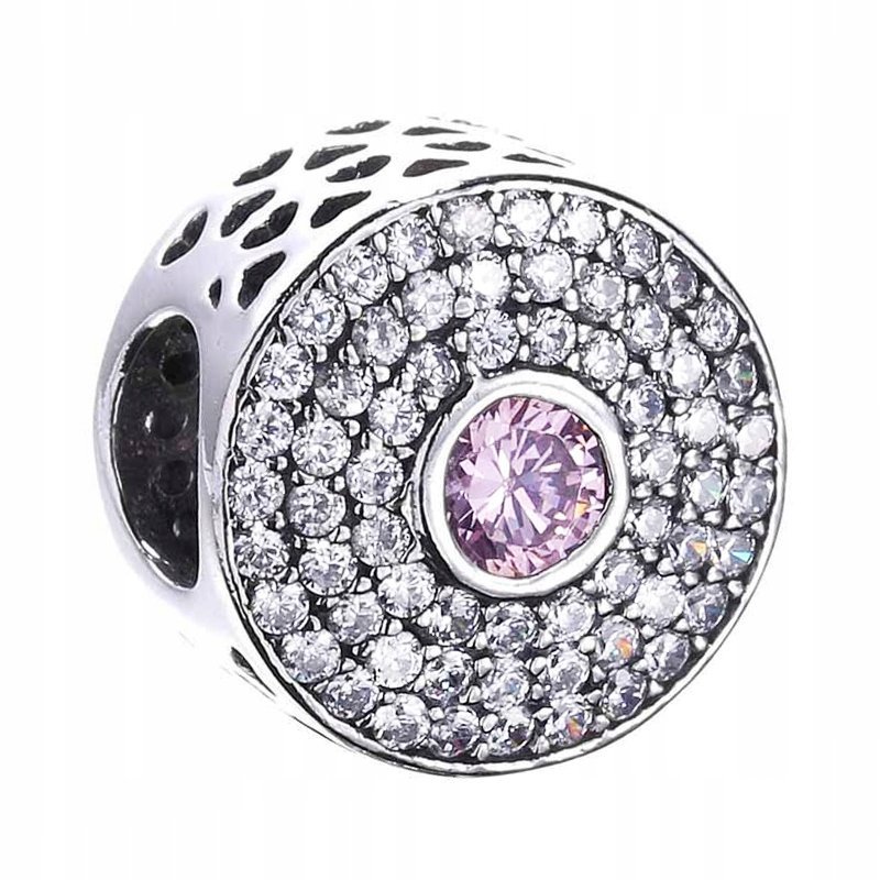 Charms Srebrny Różowa Cyrkonia Koralik z Cyrkoniami Okrągły SREBRO 925