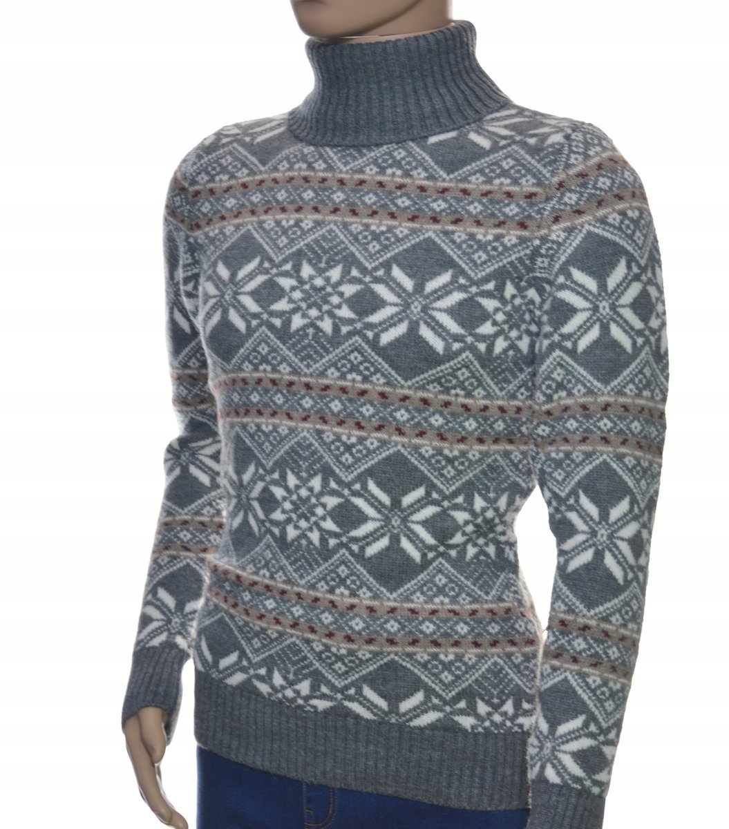 Wełniany sweter męski z golfem ciepły golf z wełny ze wzorem norweskim M