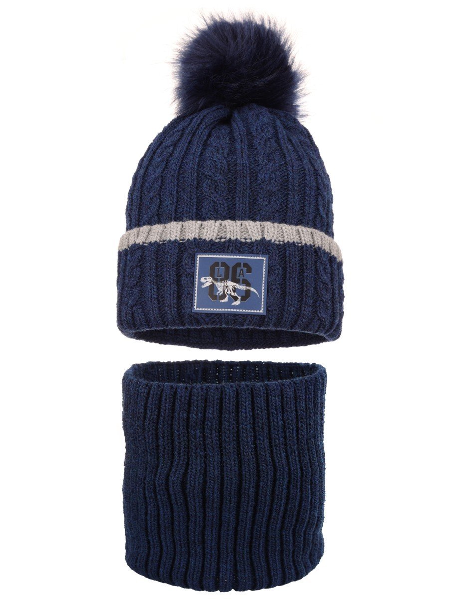 Chłopięcy komplet zimowy czapka i komin dinozaur granatowy Ambra r.46/48