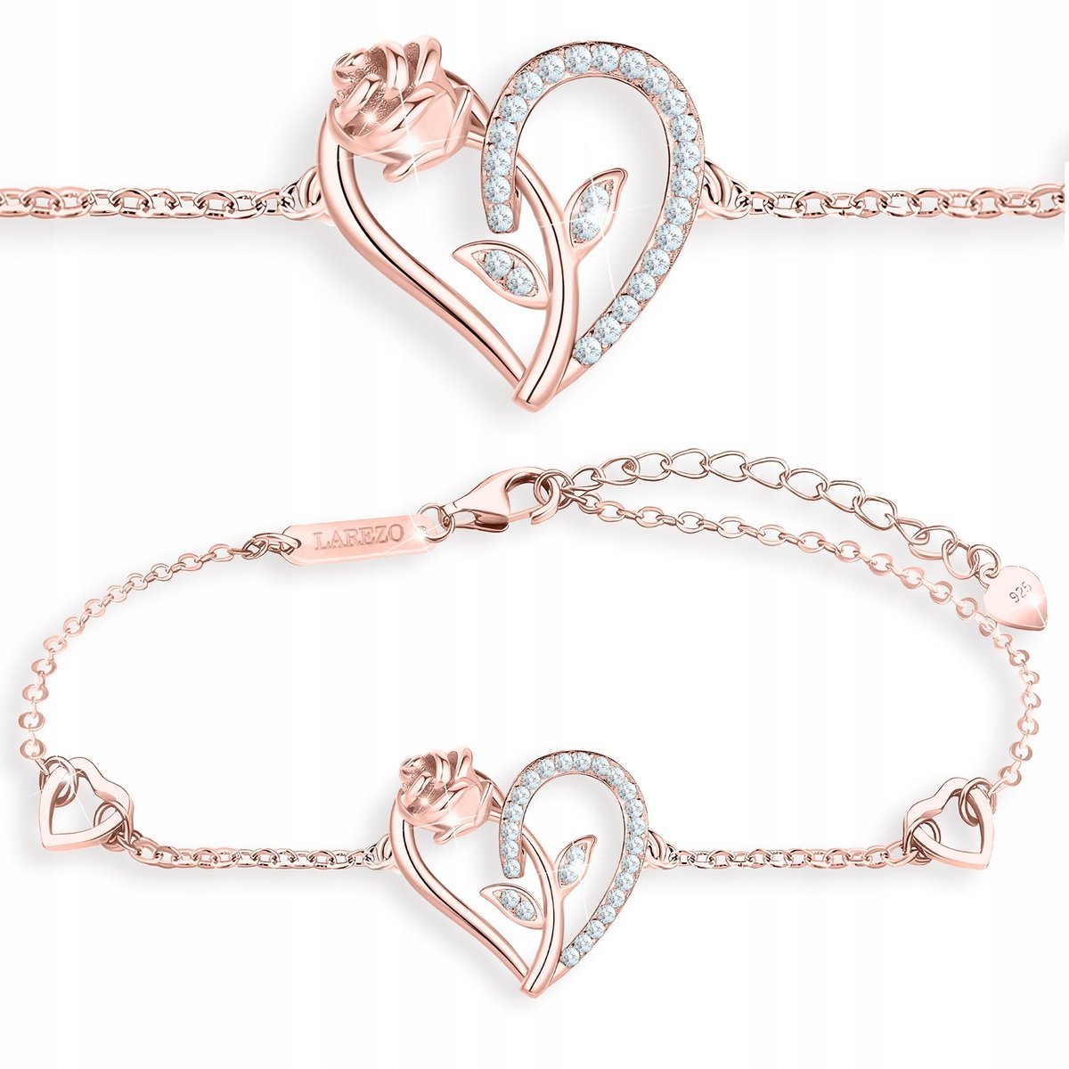 Bransoletka Pozłacana Serce z Cyrkoniami Kwiat Róża Kryształki SREBRO 925