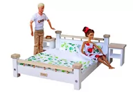 Domki dla lalek - Komplet SypialniaASH drewniana podwójna dla Barbie i Kena : Łóżko + 2 szafki nocne + pościel , mebelki drewniane do domku dla lalek Model KONICZYNKI - miniaturka - grafika 1