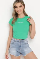 Koszulki i topy damskie - Zielony Dopasowany T-shirt Cropped z Napisem z Pzodu Yaloena - miniaturka - grafika 1