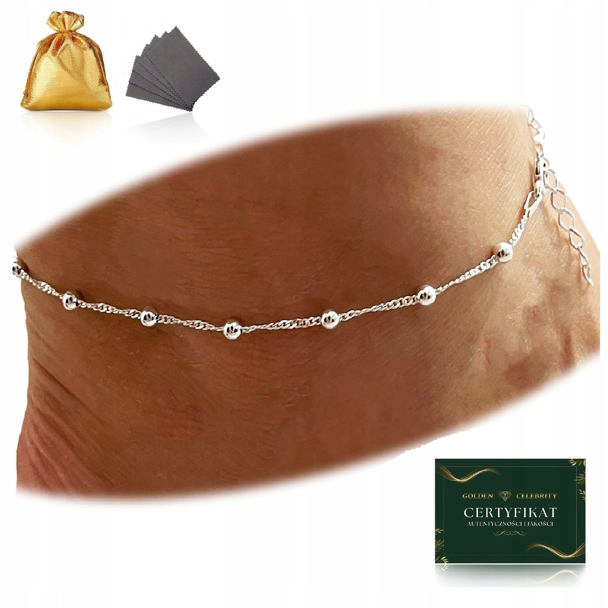 SREBRNA BRANSOLETKA NA NOGĘ SINGAPUR Z KULECZKAMI, SREBRO 925 REGULOWANA