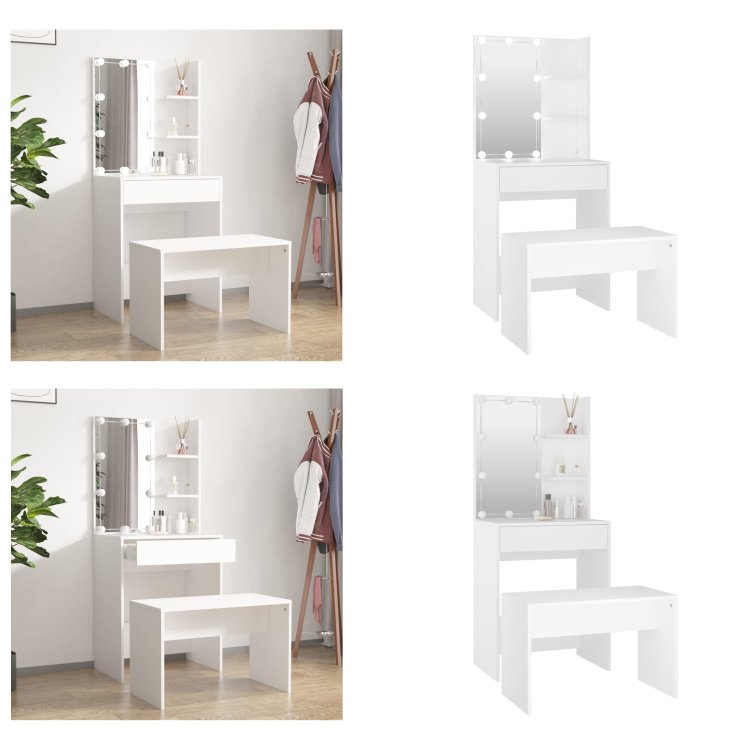 vidaXL Zestaw toaletek z LED z białego drewna - Zestaw toaletek z LED - Zestawy toaletek z LED - Zestaw toaletek - Toaletka z lustrem