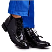 Botki damskie - S.Barski Lakierowane Botki Z Ozdobą Czarne - miniaturka - grafika 1