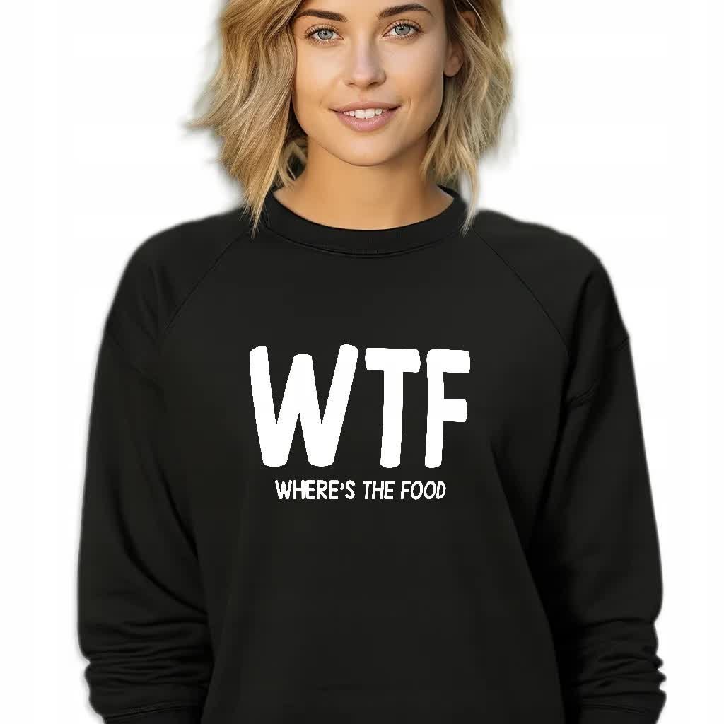 Czarna Bluza Damska Dresowa WHERE'S THE FOOD Stylowa Modna Wzory Rozmiar L