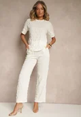 Komplety damskie - Biały Casualowy Komplet z Szerokimi Spodniami i T-shirtem Devineva - miniaturka - grafika 1