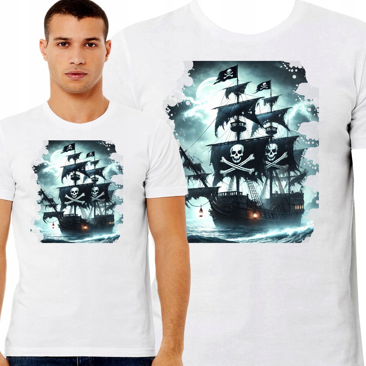 KOSZULKA MĘSKA DLA ŻEGLARZA Z NADRUKIEM STATEK PIRACKI JACHT STER XL 3404