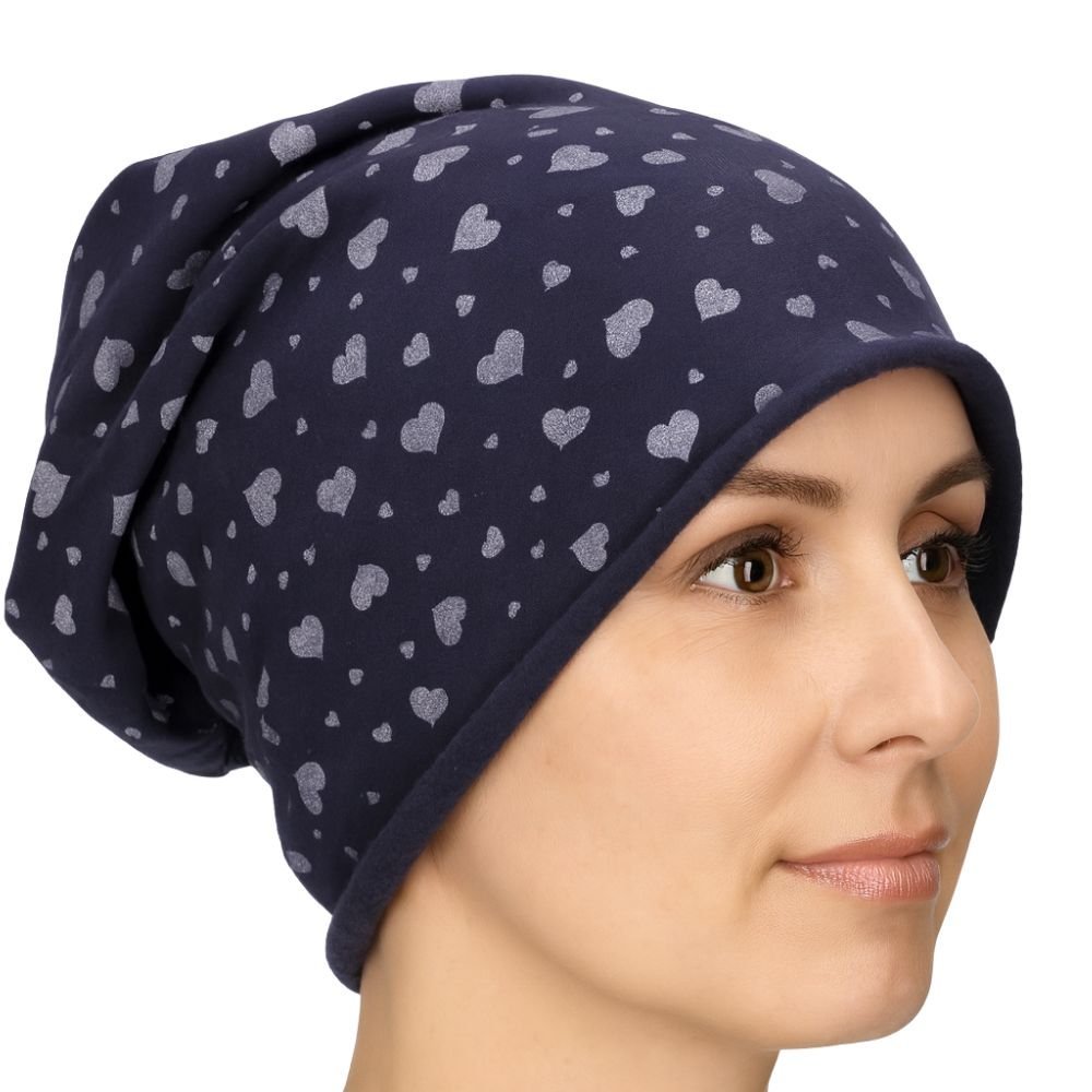 Czapka damska Beanie włoska cienka smerfetka ciemnogranatowa serduszka