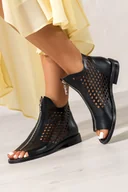 Sandały damskie - Czarne botki skórzane wiosenne damskie ażurowe podeszwa ozdobiona cyrkoniami PRODUKT POLSKI Casu 977-L-CR - miniaturka - grafika 1