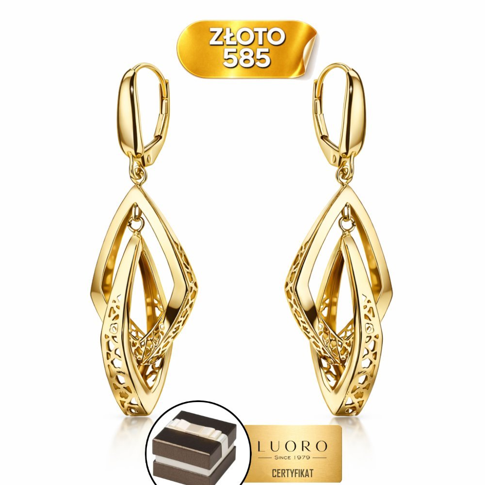 KOLCZYKI ZŁOTE 585 14K AŻUROWE PODWÓJNE ROMBY 45,5 MM ELEGANCKIE