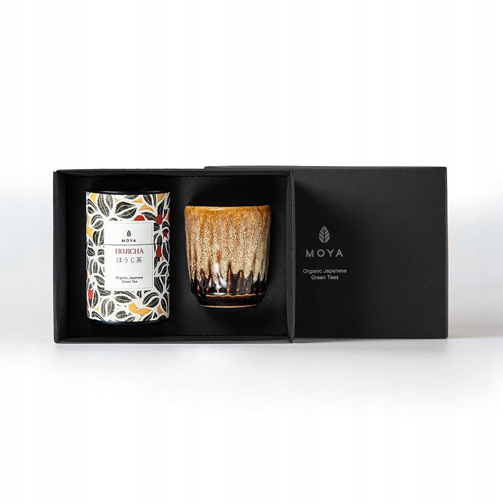 Zestaw prezentowy organiczna zielona herbata Moya Hojicha i kubek Kanpai