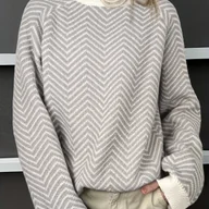 Swetry damskie - TEMU Elegancki, geometryczny sweter w paski dla kobiet - stylowy, z długim rękawem, wysokim dekoltem, w kolorze szarym i białym, idealny na - miniaturka - grafika 1