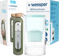 Dzbanki i imbryki - Zestaw Wessper: szklany dzbanek AquaMax Crystalline 3L z filtrem + szklana butelka motywacyjna ActiveMax Crystalline 1L z silikonowym rękawem oliwkowym - miniaturka - grafika 1