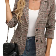 Marynarki i żakiety damskie - TEMU Kobieca Elegancka Marynarka Vintage - Brązowo-Beżowa, Dwukolorowa, Luźny Fason z Guzikami, Modna Kurtka na Jesień, Stylowy Płaszcz dla Kobiet, - miniaturka - grafika 1