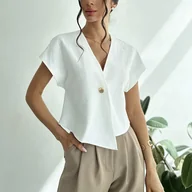 Koszule damskie - TEMU Bluzka z Dekoltem w Serek na Guziki o Bliskowschodnim Stylu dla Kobiet – Lekka, Pranie Maszynowe, Jednokolorowa Koszula na Letnie Dojazdy, - miniaturka - grafika 1