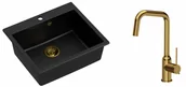 Zlewozmywaki z baterią - Quadron Zlewozmywak granitowy jednokomorowy 57*50*22 cm MORGAN 110 PURE CARBON czarny ze złotym odpływem z baterią NATALIE Q LINE kolor złoty - miniaturka - grafika 1