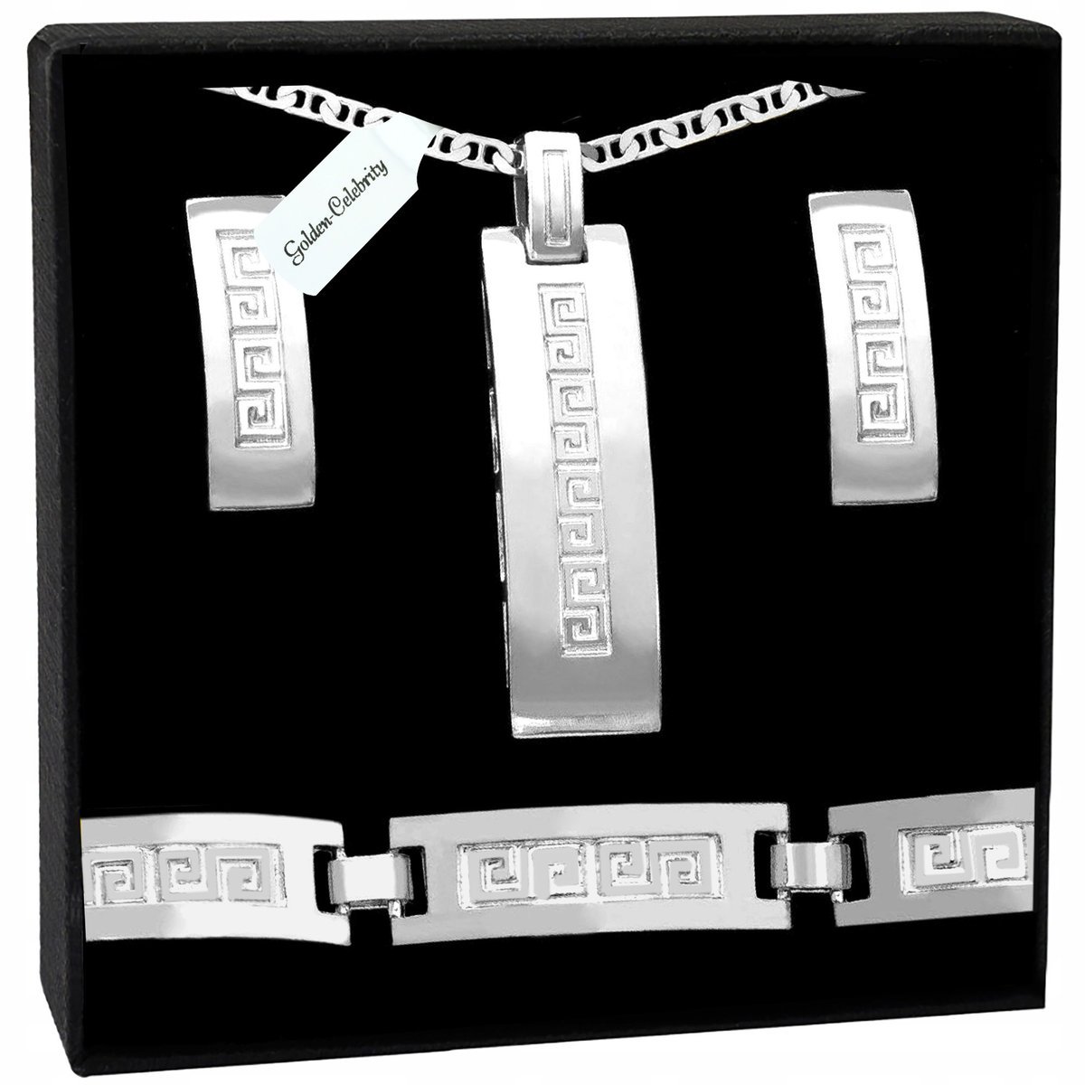 SREBRNY KOMPLET BIŻUTERII NASZYJNIK WISIOREK 925 KOLCZYKI MOTYW GRECKI 60CM