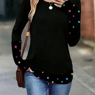 Bluzki damskie - TEMU Elegancka Damska Koszulka z Długim Rękawem w Gwiazdki - Czarna i Wielokolorowa Bluzka z Kontrastowymi Rękawami i Okrągłym Dekoltem, Średnio - miniaturka - grafika 1