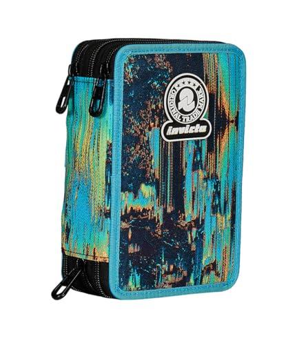 Invicta Piórnik szkolny z 3 suwakami, niebieski i czarny, potrójna przegródka, w komplecie z długopisami, ołówkami i markerami, akcesoria szkolne, akcesoria do plecaka, szkoły podstawowej, dziecko,