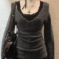 Bluzy damskie - TEMU Damska Casualowa Bluza z Dekoltem w Serek i Długim Rękawem, Jednokolorowa Dzianina na Powrót do Sezonu i Ciepło Jesienno-Zimowe - Miękki - miniaturka - grafika 1