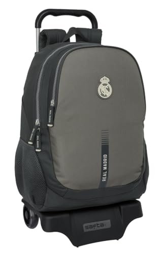 Safta REAL MADRID 3rd EQUIPATION 24/25 - Plecak szkolny z wózkiem, idealny dla dzieci w różnym wieku, wygodny i wszechstronny, jakość i wytrzymałość, 33 x 15 x 43 cm, Szary, M, Casual