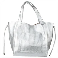 Torebki damskie - Duża torebka worek z miękkiej skóry naturalnej lekka XXL srebrna - miniaturka - grafika 1