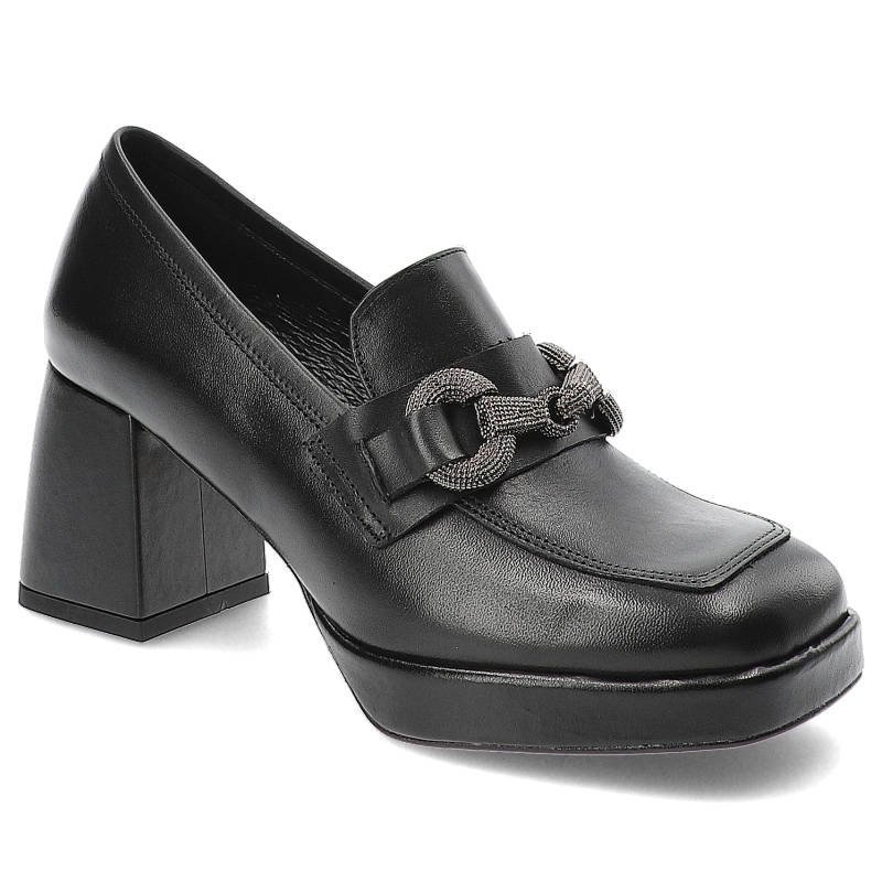 Czarne Półbuty Karino Eleganckie Skórzane Buty Na Obcasie