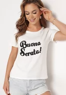 Koszulki i topy damskie - Biały Bawełniany T-shirt z Ozdobnym Napisem z Cyrkonii Tiavalia - miniaturka - grafika 1