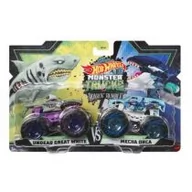 Samochody i pojazdy dla dzieci - Hot Wheels Zestaw pojazdów Monster Trucks 2-pak Shark Wreak Undead Great White kontra Town Hauler Mecha Orka Mattel - miniaturka - grafika 1