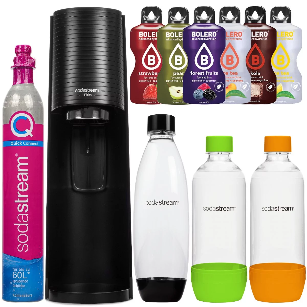 Saturator SodaStream Terra Black jedna butelka + 2 butelki PET (Pomarańczowa + Zielona) + bolero