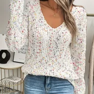 Swetry damskie - TEMU Sweter Damski z Dekoltem w Serek - Kolorowe Bloki, Długi Rękaw, Regularny Fason, Miękkie i Elastyczne, Pranie Maszynowe, Casualowa Moda na - miniaturka - grafika 1