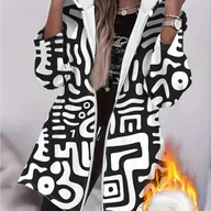 Kurtki damskie - TEMU Elegancka, minimalistyczna kurtka z kapturem z długim rękawem, grubą, ciepłą, z kierunkowym geometrycznym kwiatowym wzorem, z bocznymi - miniaturka - grafika 1